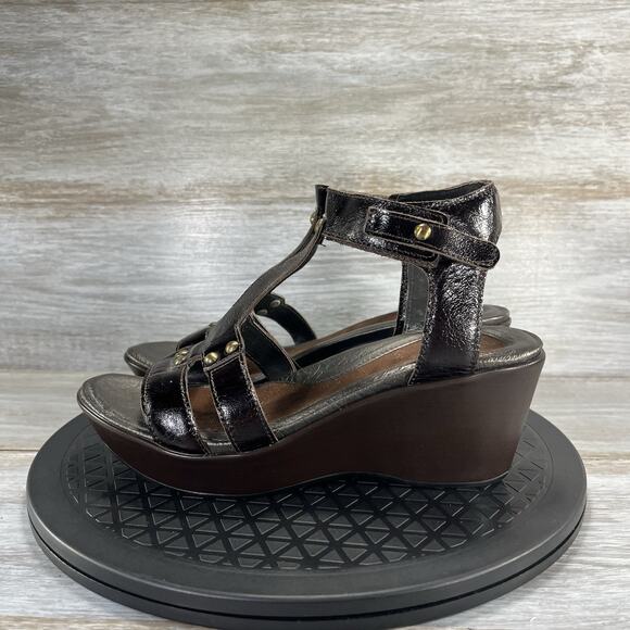 NAOT Womens Flirt Brown Leather T-strap Platform Wedge Sandals Size EU 37 US 6.5 - Picture 1 of 6